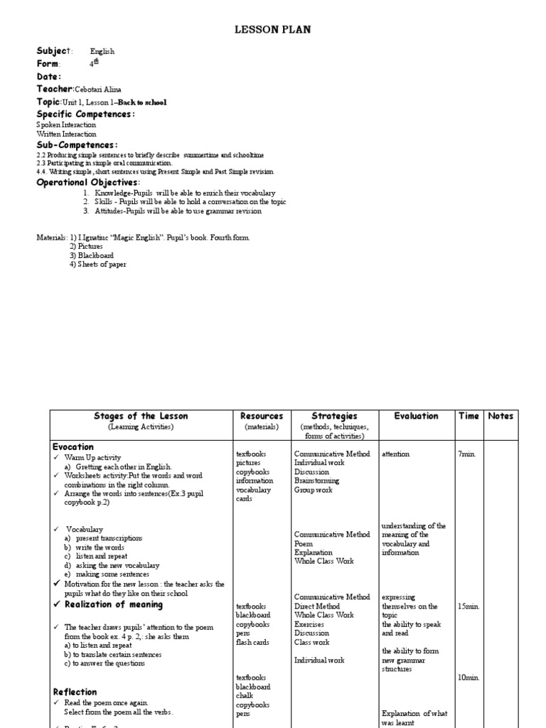 Lesson Plan: Subject Form Date: Teacher: Topic: Specific Competences ...