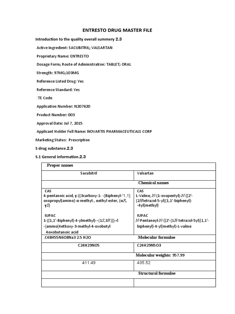 Entresto Drug Master File 2.3 Introduction To The Quality Overall