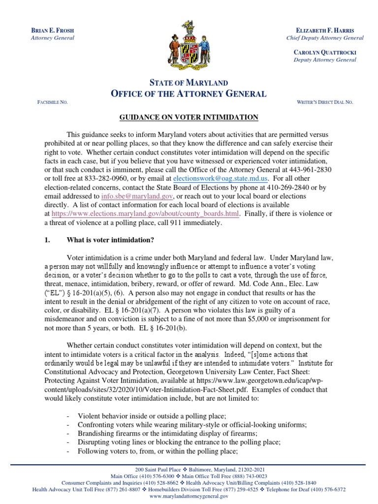 Maryland Attorney General Issues Guidance On Voter Intimidation | PDF ...