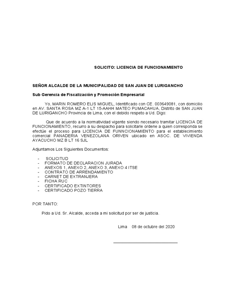 Solicitud Licencia de Funcionamiento | PDF