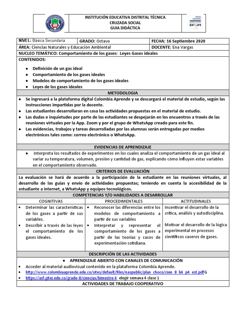 Hoja De Trabajo Sobre La Ley De Los Gases Ideales EJERCICIOS LEYES DE