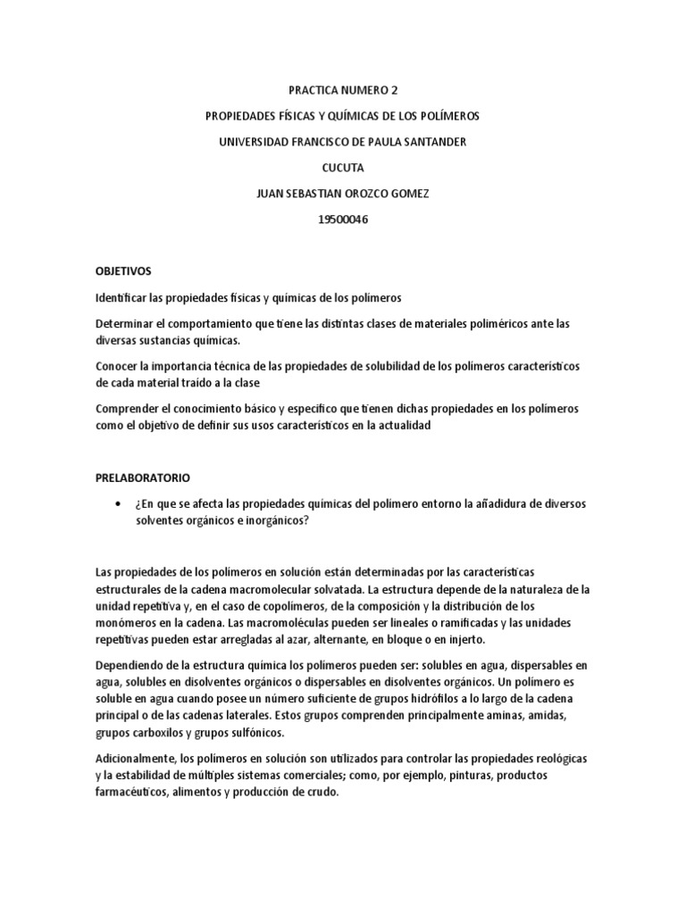 PRACTICA NUMERO 2 Polimeros | PDF | Polímeros | Solubilidad