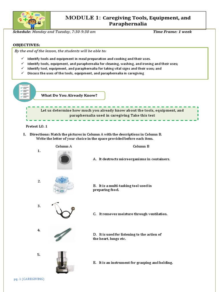 Caregiving Tools, Equipment, and Paraphernalia Objectives PDF