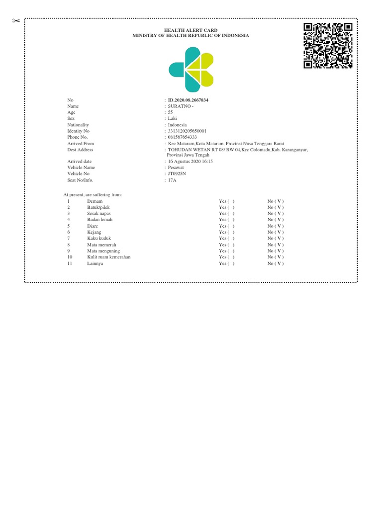Health Alert Card Ministry of Health Republic of Indonesia | PDF