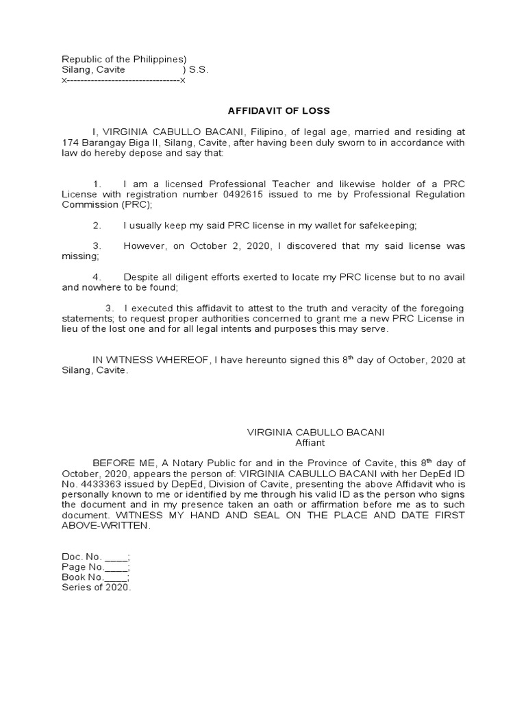 Affidavit of Loss PDF Affidavit Notary Public