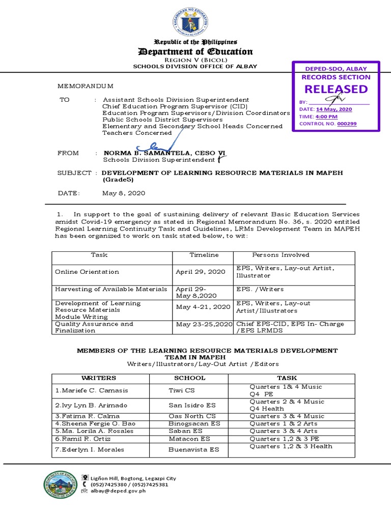 MAPEH Learning Resources Development Memo | PDF | Behavior Modification ...
