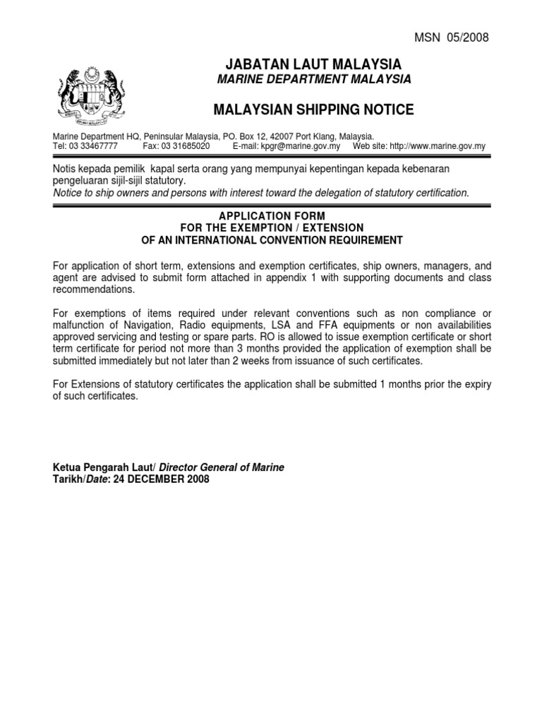 Malaysian Shipping Notice Provides Form for Exemption Extension | PDF ...