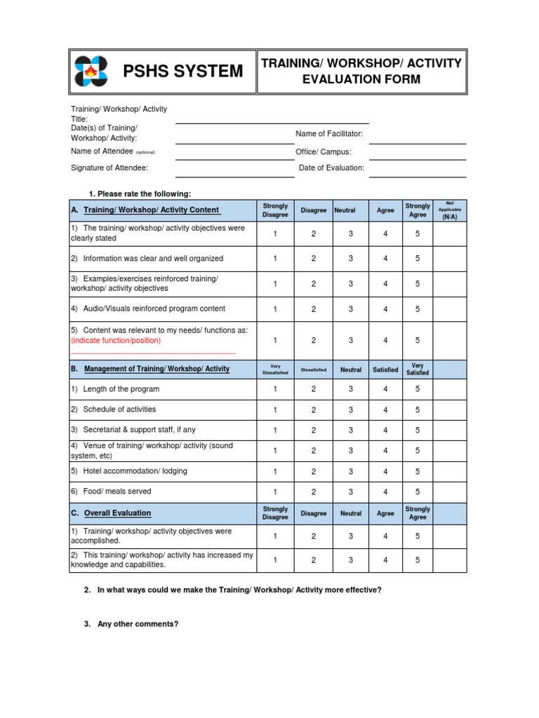 Training Workshop Activity Evaluation Form 2 | PDF | Communication ...