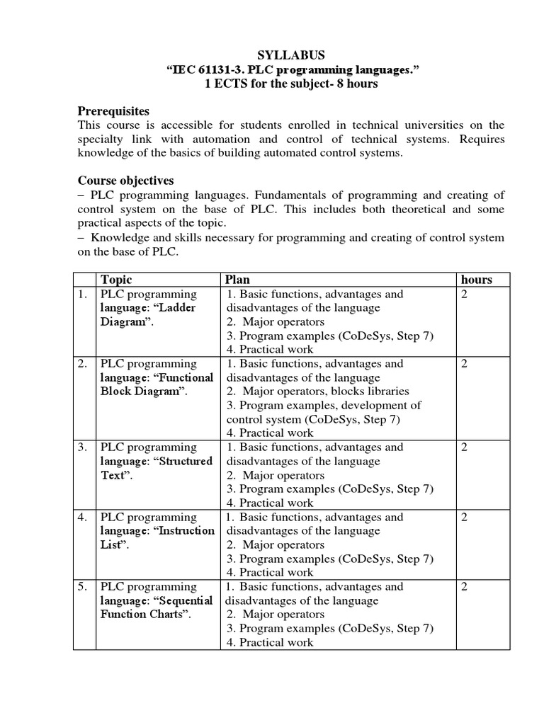 Syllabus "IEC 611313. PLC Programming Languages." 1 ECTS For The