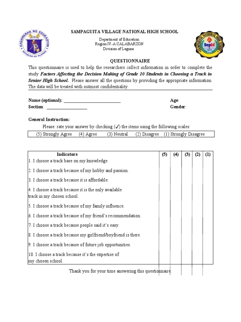 Questionnaire: Senior High School. Please Answer All The Questions by ...