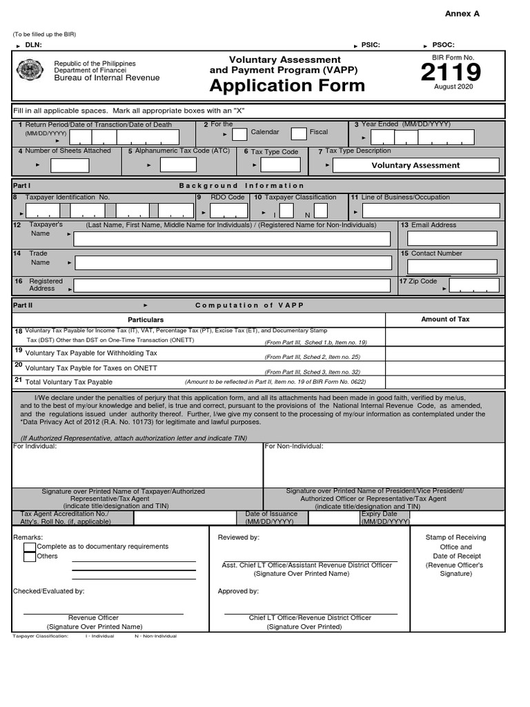 BIR Form 2119: VAPP Application Guide | PDF | Taxation In The United ...