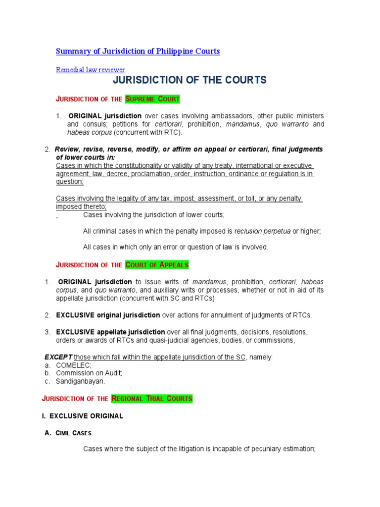 Summary of Jurisdiction of Philippine Courts PDF Jurisdiction