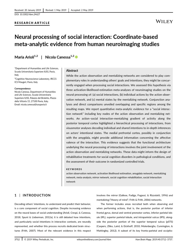 Arioli Et Al., 2019 - Neural Processing of Social Interaction | PDF ...