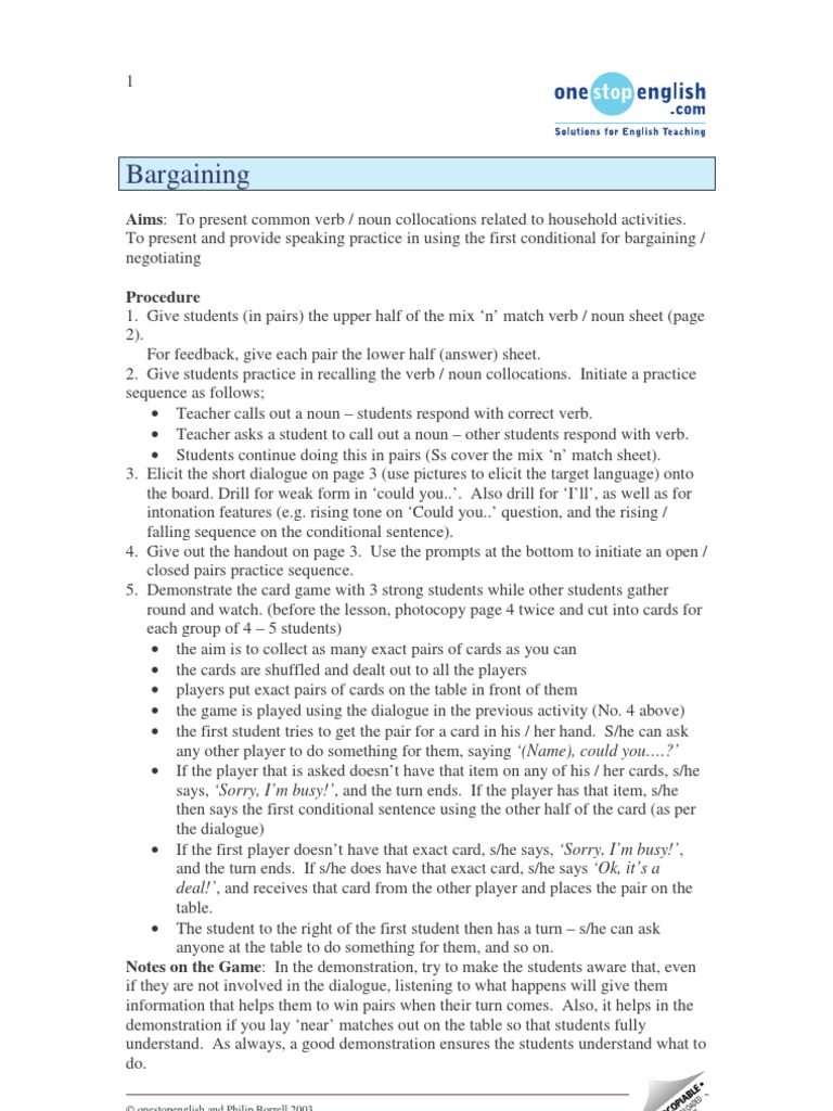 Bargaining Activities for ESL Students | PDF