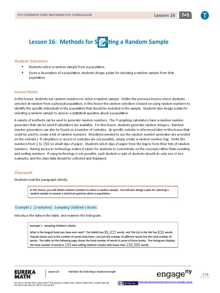 Lesson 16: Methods For Selecting A Random Sample: Student Outcomes ...