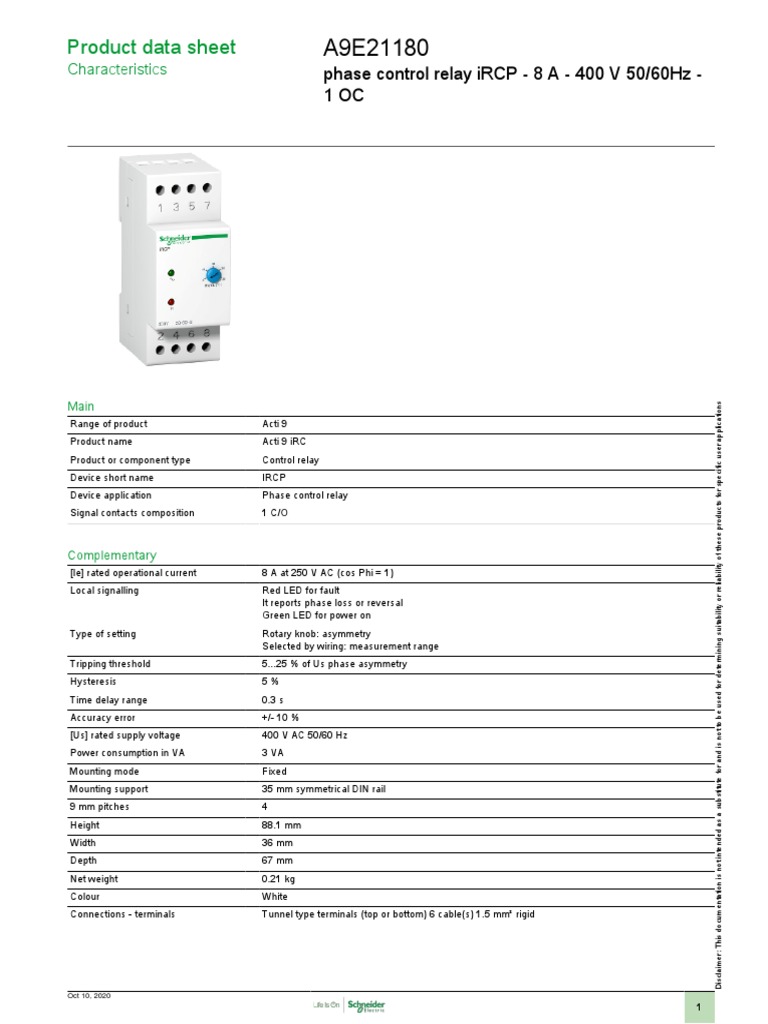 Acti 9 iRC Phase Control Relay Data Sheet | PDF | Relay | Electronics