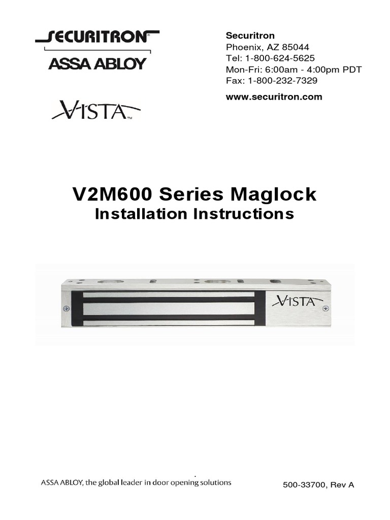 V2M600 Series Maglock Installation Instructions PDF