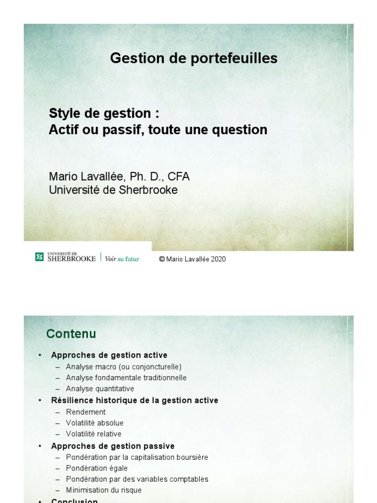 Style de Gestion - Actif Vs Passif | PDF | Modèle d'évaluation des actifs  financiers | Indice boursier