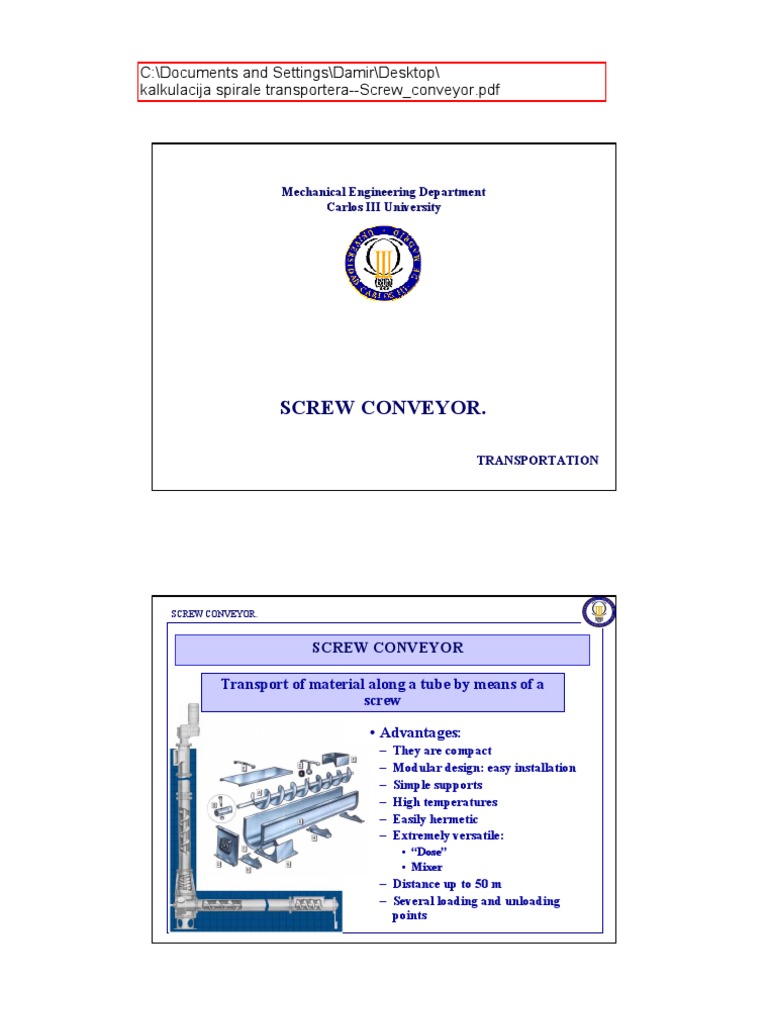 Screw Conveyor Design Calculations | PDF | Screw | Pipe (Fluid Conveyance)