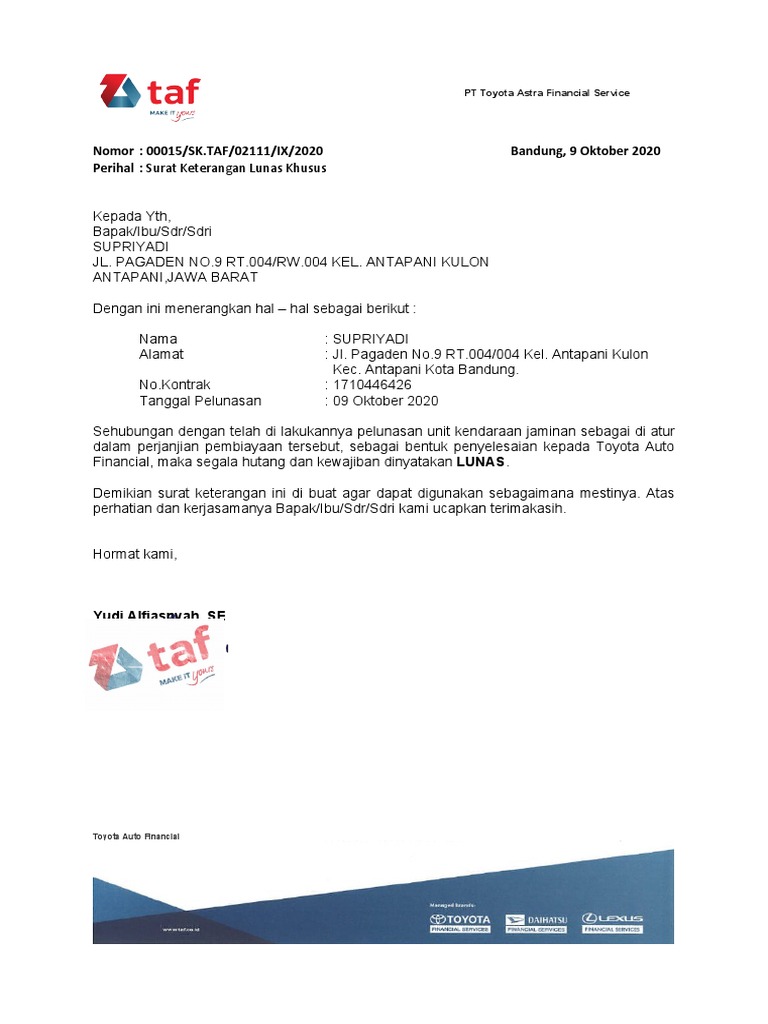 Surat Keterangan Lunas Pembiayaan Toyota | PDF | Pengelolaan Keuangan