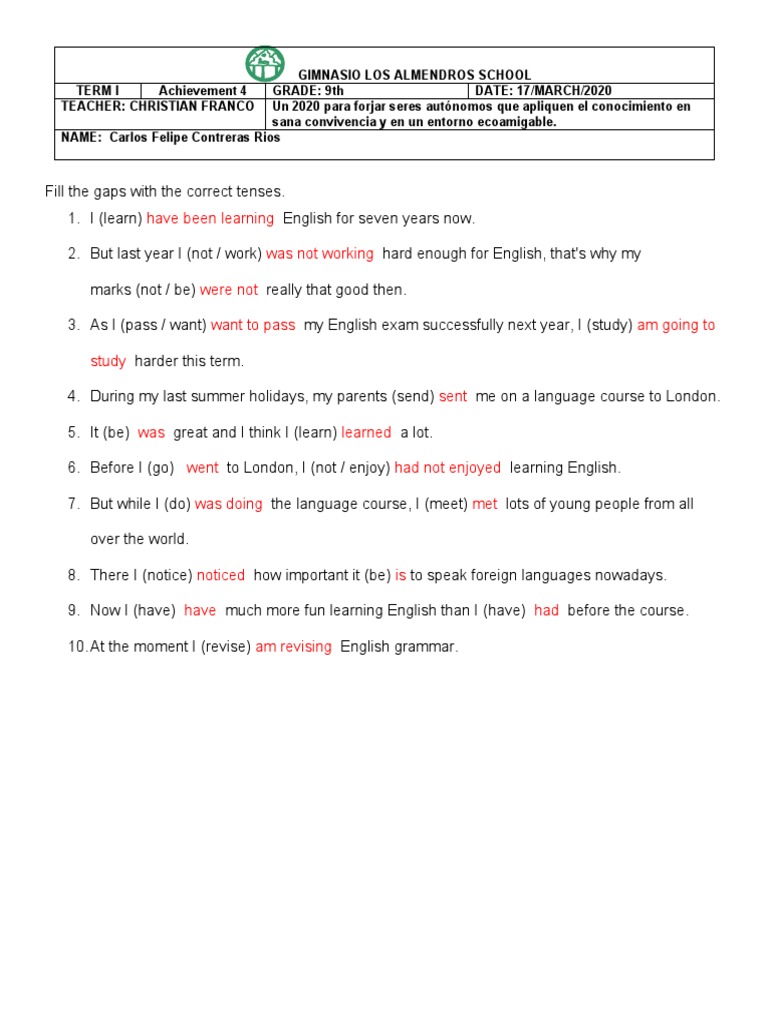 English Tenses Practice for 9th Grade | PDF
