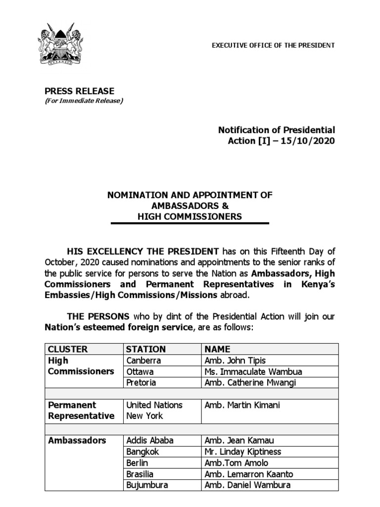 Kenya's New Ambassadors and High Commissioners | PDF | Peace ...