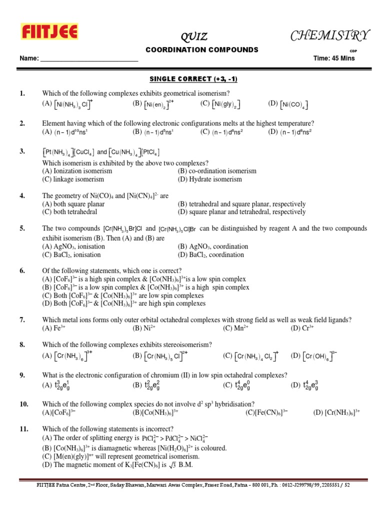 Coordination Compounds Quiz and Isomerism | PDF | Coordination Complex ...