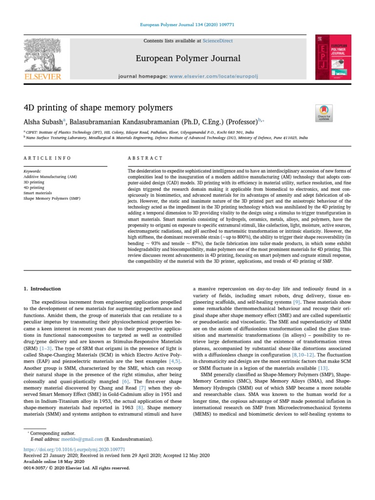 4D Printing of Shape Memory Polymers | PDF | 3 D Printing | Materials