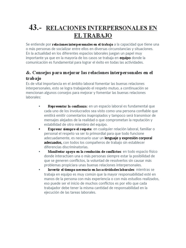 Relaciones Interpersonales en El Trabajo | PDF | Conceptos psicologicos ...