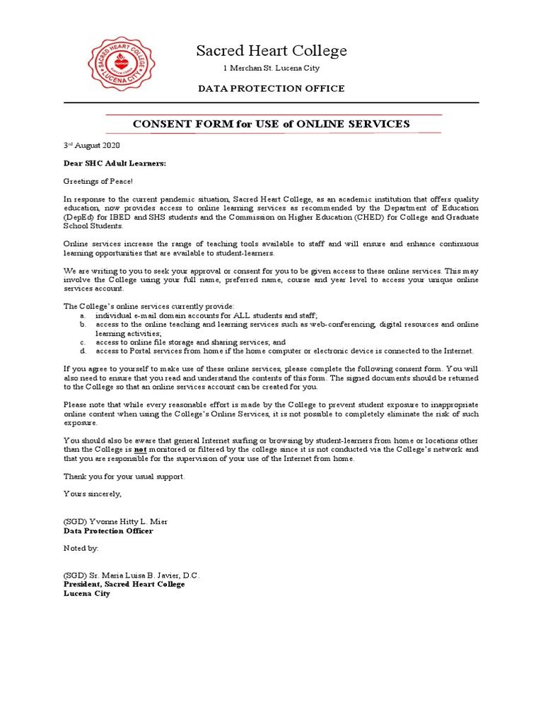 HED Consent Form For Use of Online Services SIGNED DRIZ | PDF ...