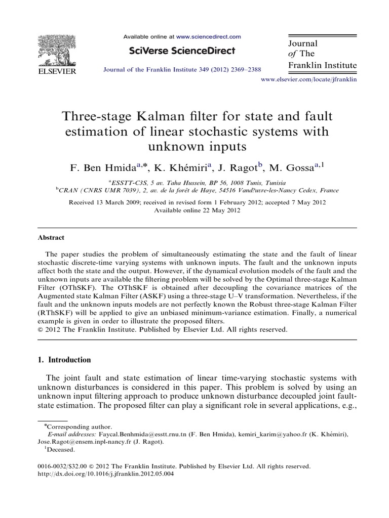 Three-Stage Kalman Filter for Fault Estimation | PDF | Kalman Filter ...