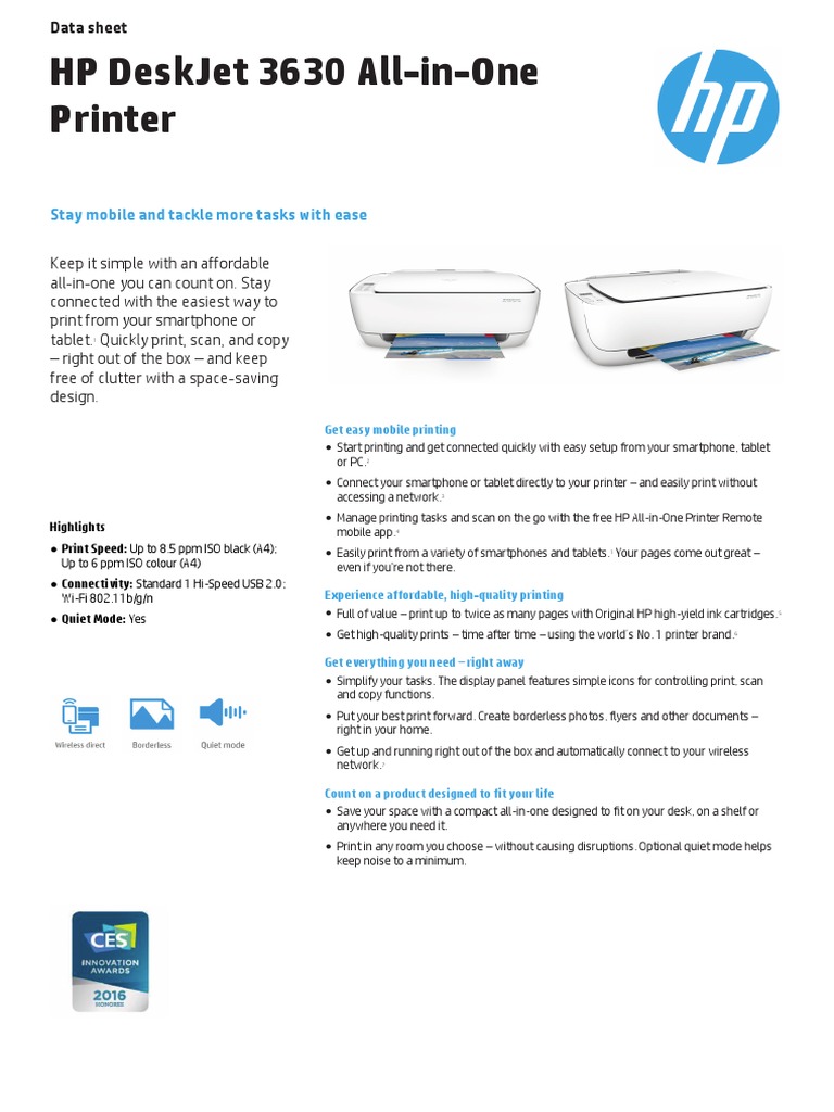 HP DeskJet 3630 All-in-One Data Sheet PDF PDF | Scanner | Printer (Computing)