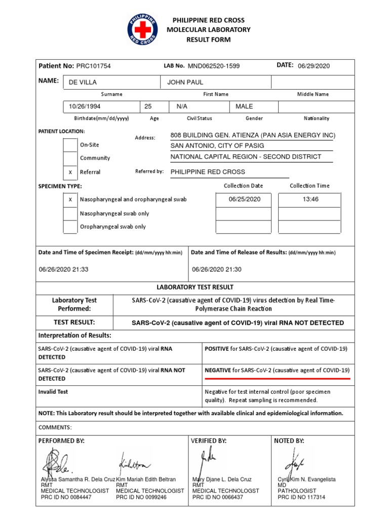 Philippine Red Cross Molecular Laboratory Result Form: Date: Name | PDF ...