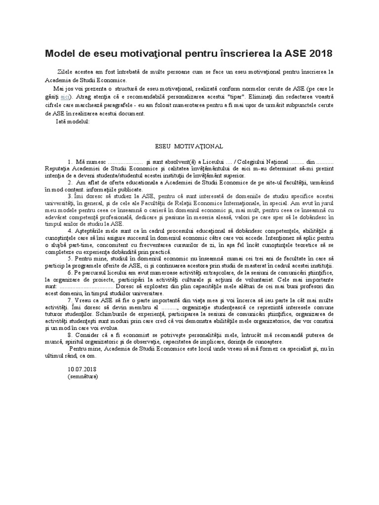 Model de Eseu Motivaţional Pentru Înscrierea La ASE 2018 | PDF
