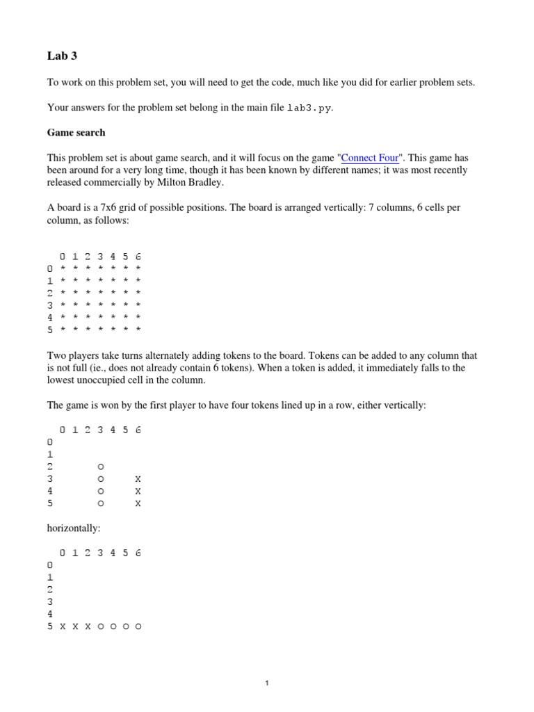 Lab 3 Implementing Game Search Algorithms for Connect Four PDF Mathematical Concepts