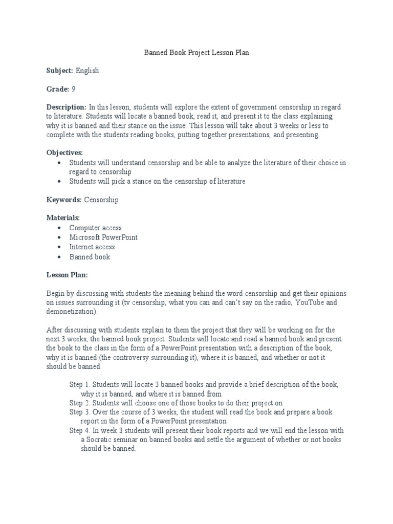 Banned Book Project Lesson Plan PDF Censorship Books