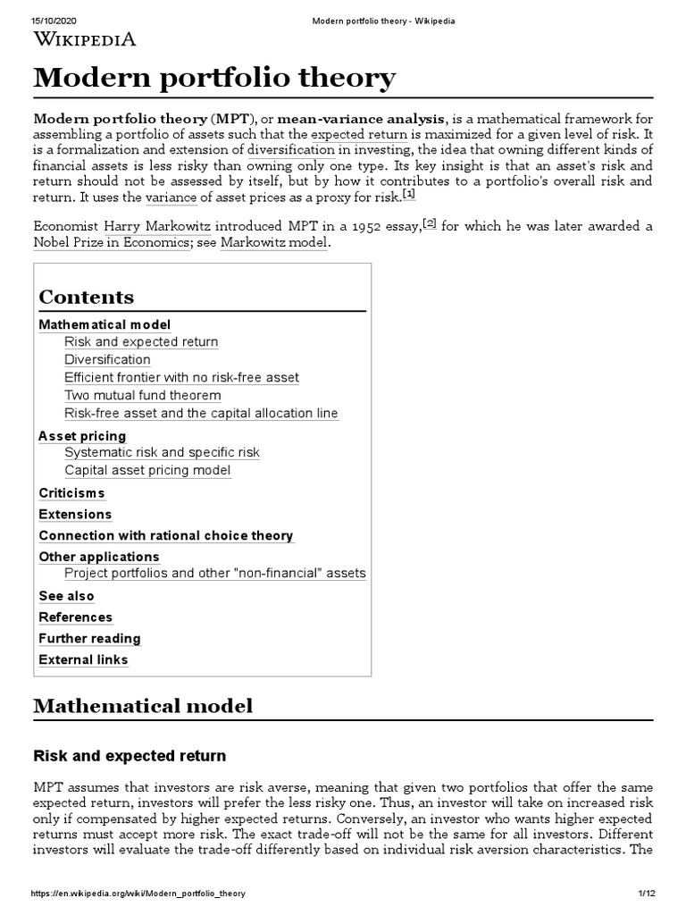 Modern Portfolio Theory - Wikipedia | PDF | Modern Portfolio Theory ...