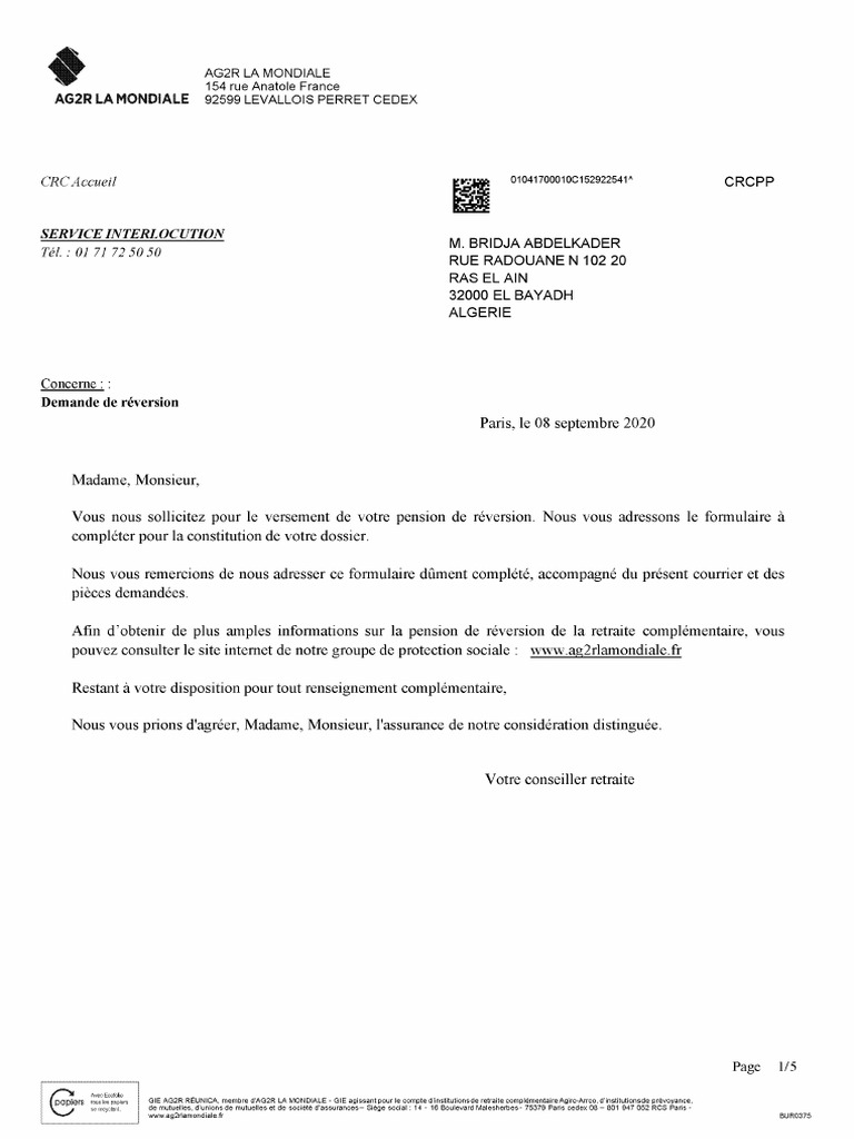 Demande de réversion retraite complémentaire | PDF | Certificat de ...