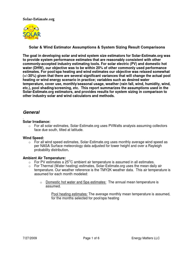 Solar and Wind System Sizing Estimates | PDF | Wound | Water Heating