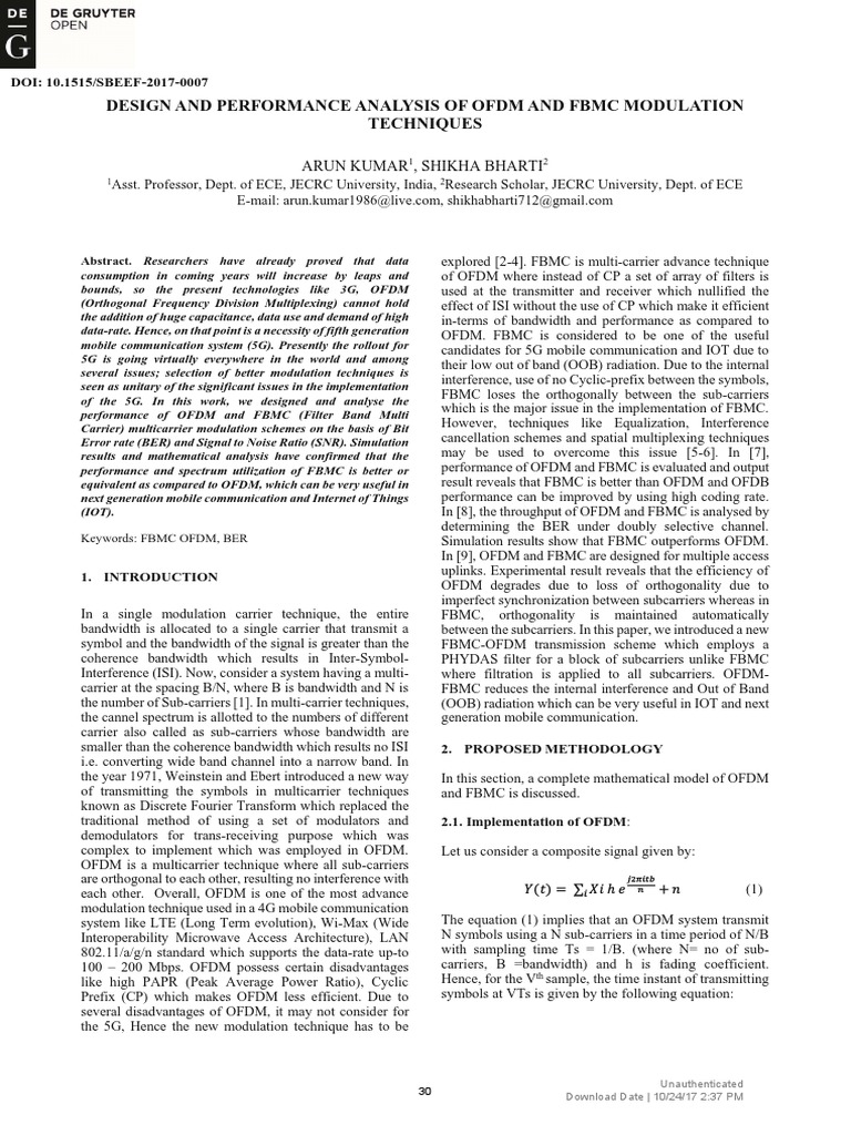Design and Performance Analysis of Ofdm and FBMC Modulation Techniques ...