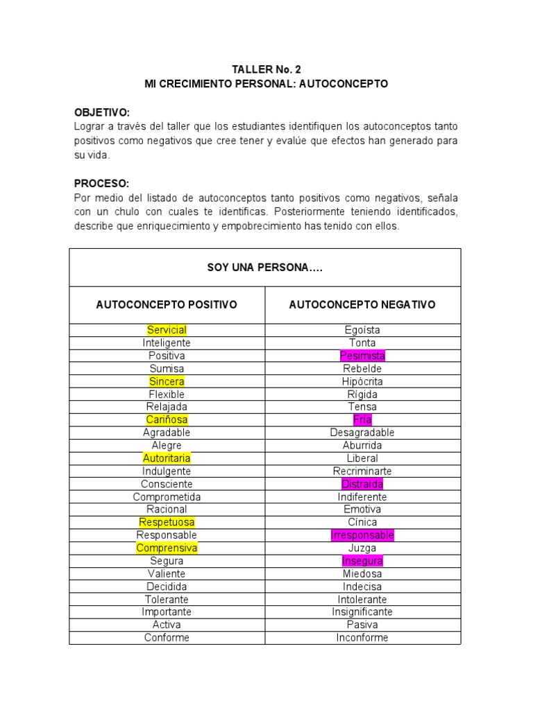 TALLER No. 2 MI CRECIMIENTO PERSONAL AUTOCONCEPTO | PDF | Conceptos ...