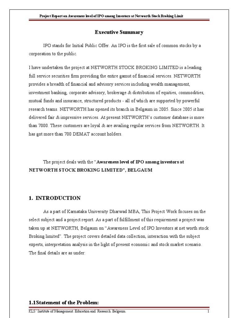 IPO Awareness at Networth Stock Broking | PDF | Initial Public Offering ...