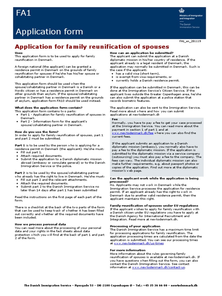 FA1 Application Form Application For Family Reunification of Spouses