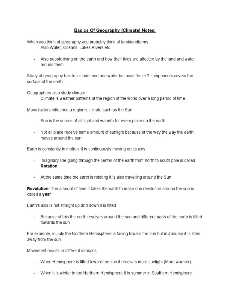 Basics of Geography Climate Notes PDF Equator Earth