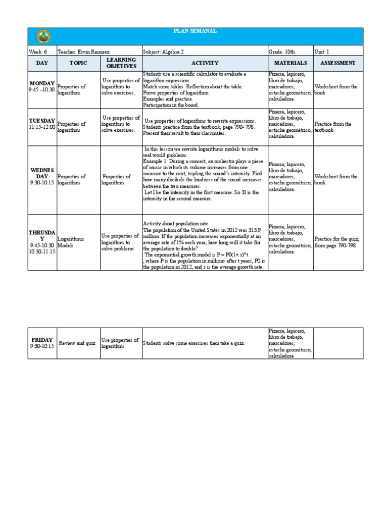 Algebra 2 10th grade week 6 pdf logarithm behavior modification