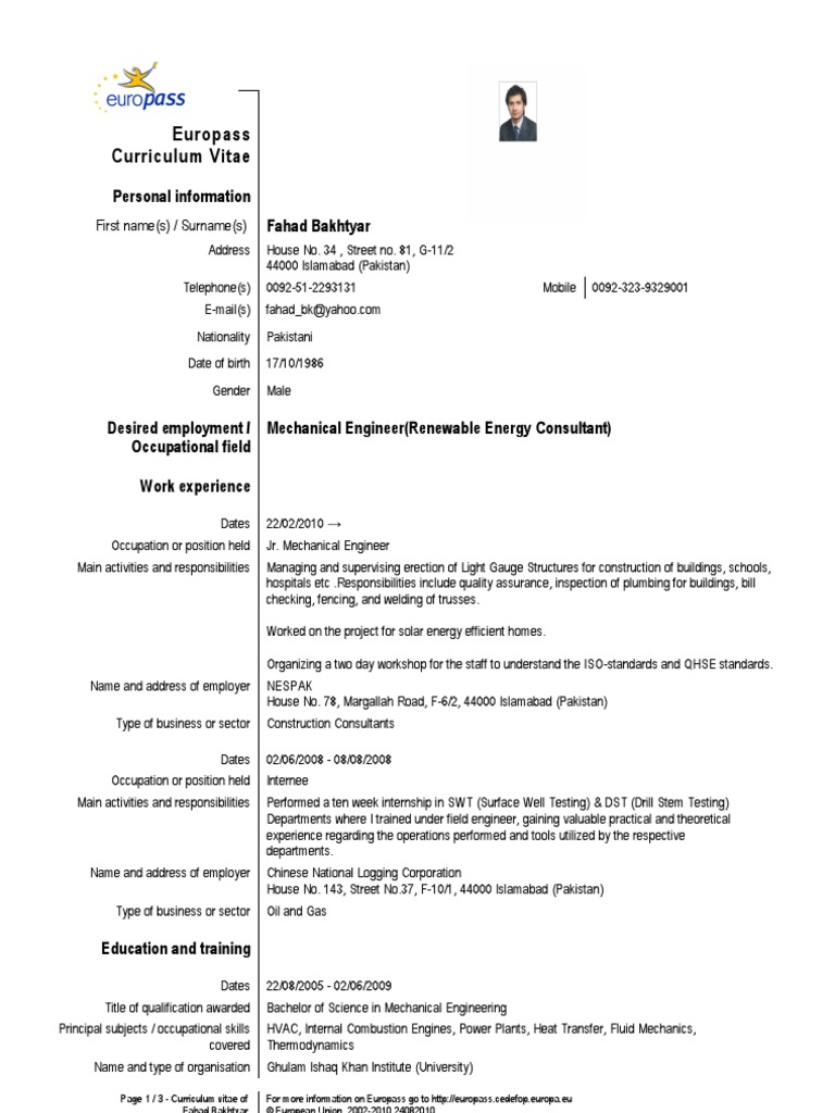 Fahad Europass Cv Engineer Mechanical Engineering