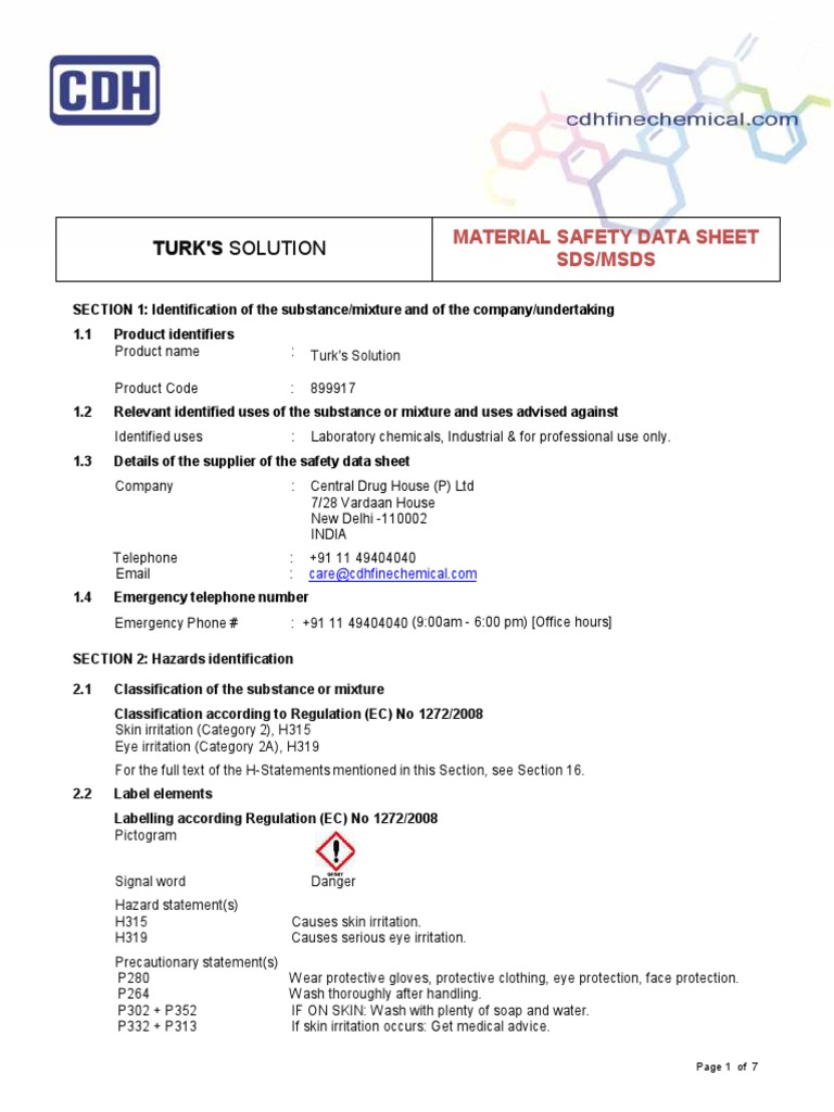 Turk'S Solution: Material Safety Data Sheet Sds/Msds | PDF | Dangerous ...