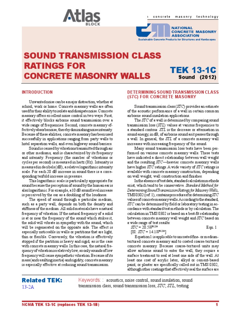 Sound Transmission Class Ratings For Concrete Masonry Walls TEK 131C