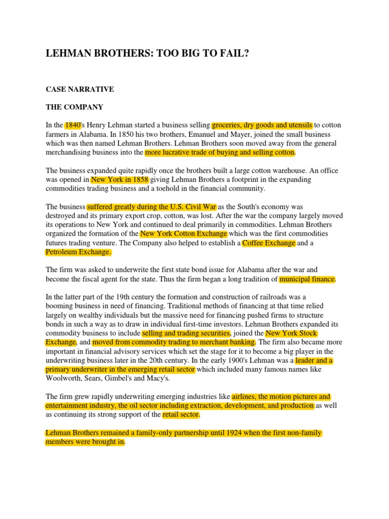 Too Big to Fail? The Fall of Lehman Brothers and the Risks of