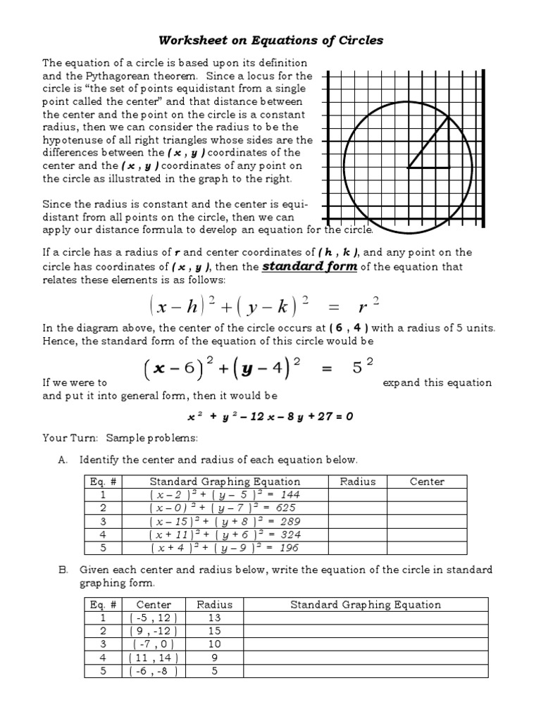 Equations of Circles Worksheet | PDF | Circle | Elementary Geometry